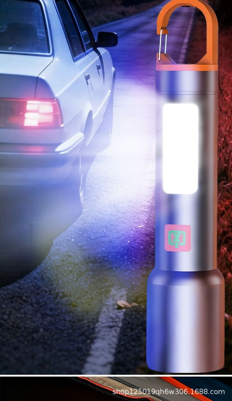 Premium aluminum alloy flashlight, super bright, rechargeable, with adjustable zoom and long-range beam, ideal for outdoor activities like hiking, fishing, and camping