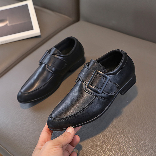  New Children's Shoes Black Leather Shoes Children's British Style Black and White Performance Shoes Boys' Pointed Toe Dress Shoes