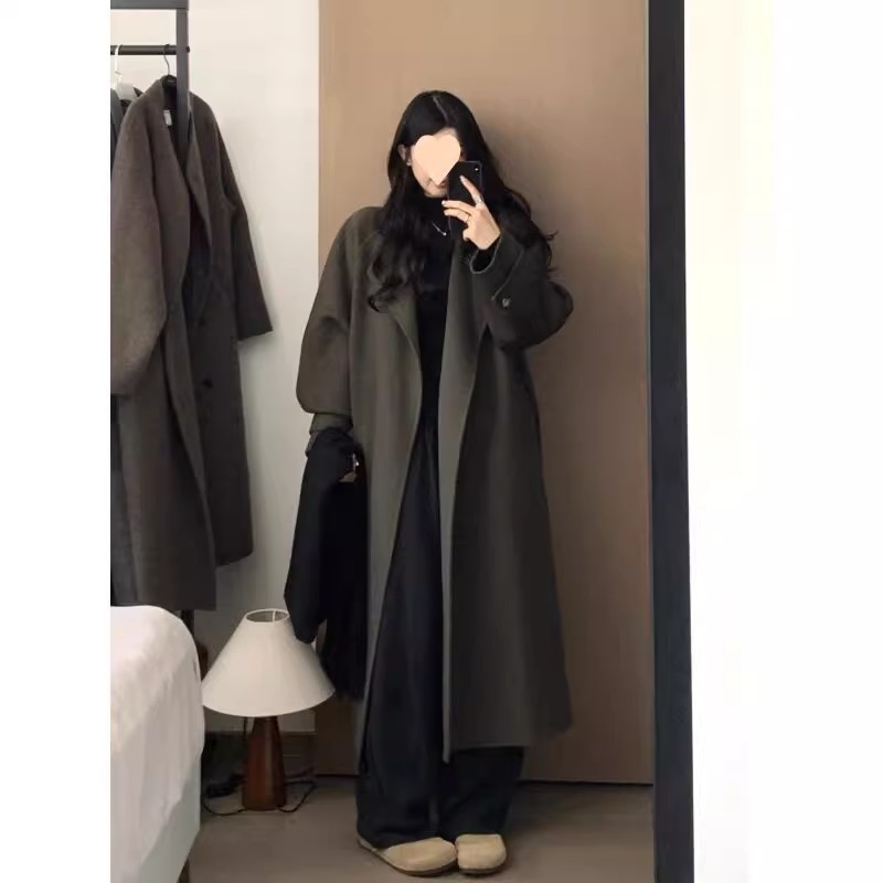 深灰色羊绒质感毛呢外套女春秋韩系大码高级感小个子赫本风呢大衣|undefined