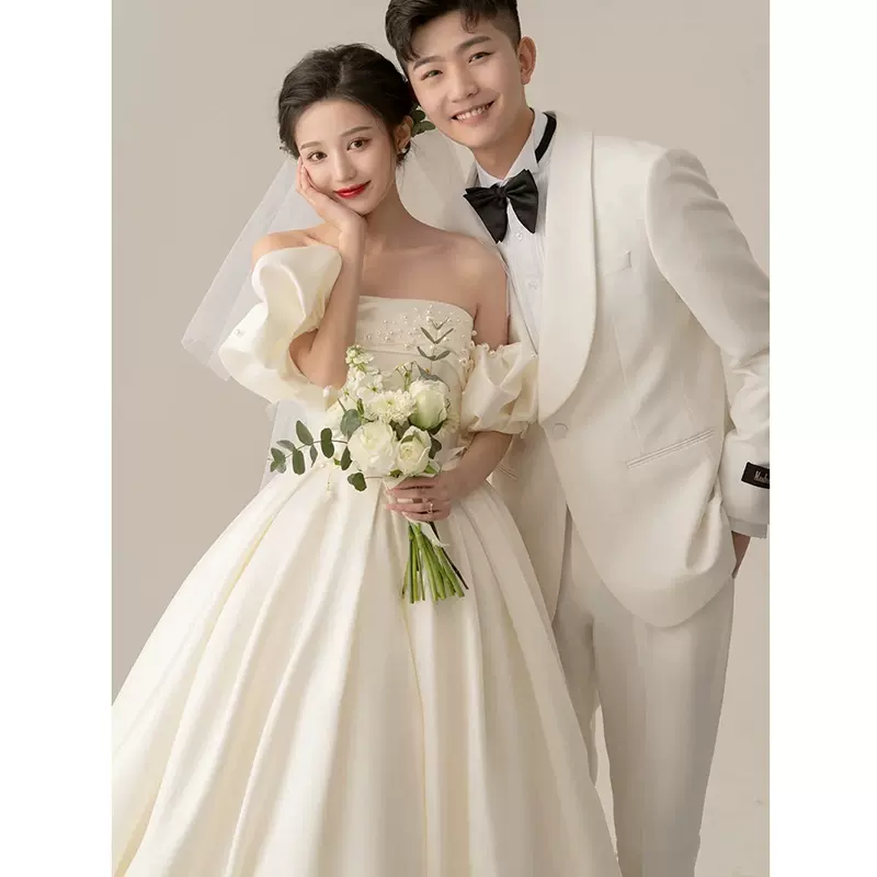 轻主婚纱礼服2025新款抹胸小个子新娘缎面齐地出门纱在逃公主秋季