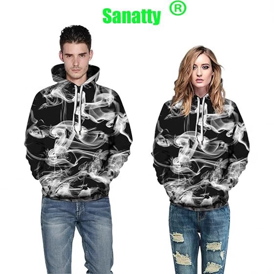 Hombres y mujeres del mismo estilo primavera y otoño suelto todo fósforo de manga larga con parche bolso con capucha suéter personalizado humo impresión 3D ventas directas de fábrica