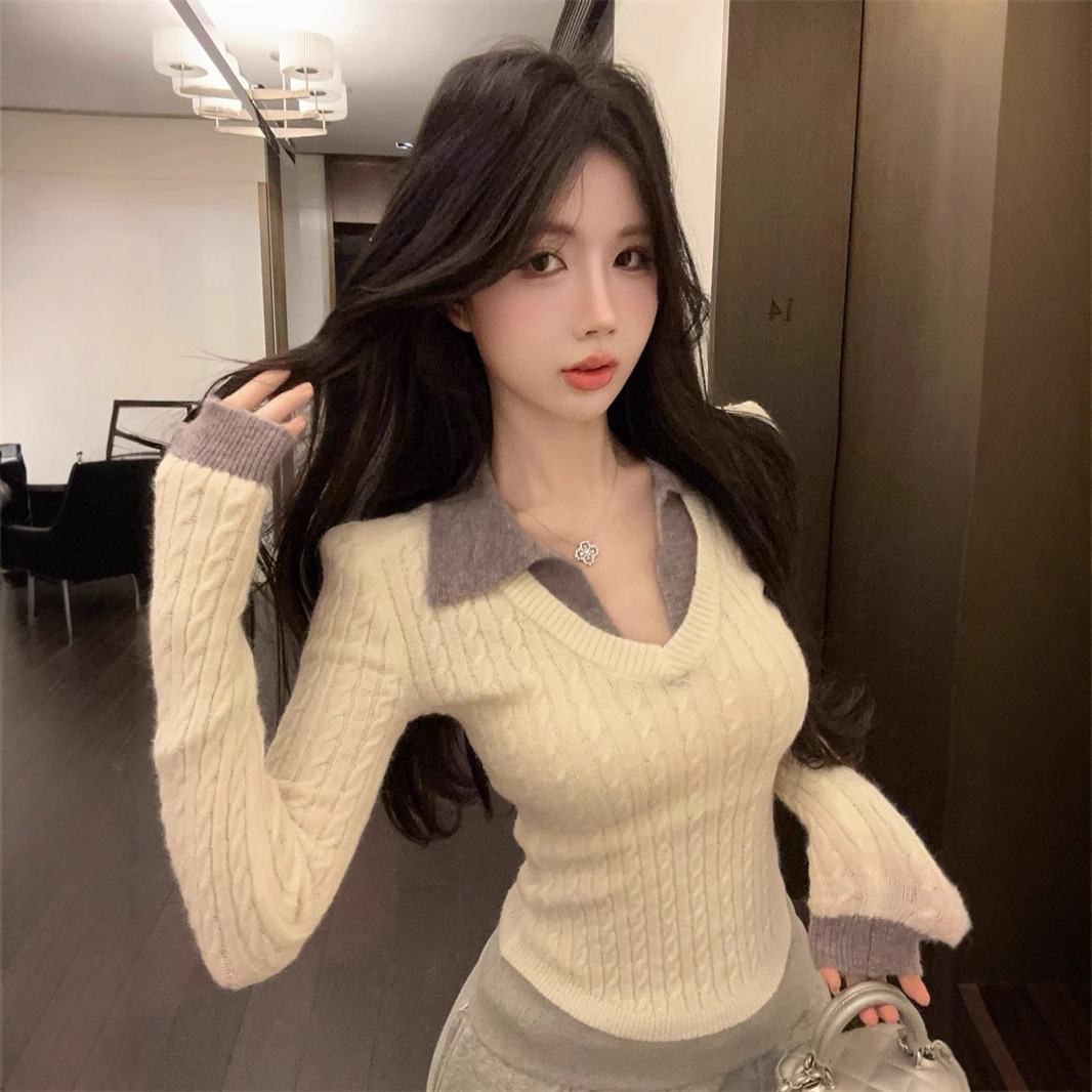 学院风假两件Polo领针织衫女秋冬纯欲v领上衣打底衫内搭麻花毛衣