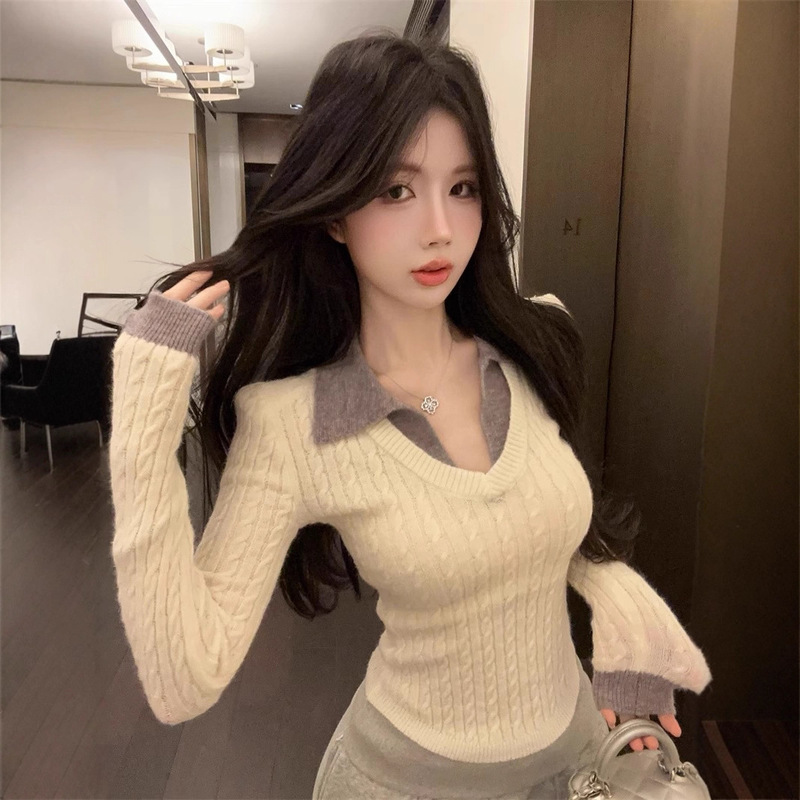 College Style Fake Two-Piece Polo Collar Knitwear for Women in Autumn and Winter Pure Desire V-Neck Top Bottoming Shirt with Twist Knitwear College Style Fake Two-Piece Polo Collar Knitwear for Women in Autumn and Winter Pure Desire V-Neck Top Bottoming Shirt with Twist Knitwear