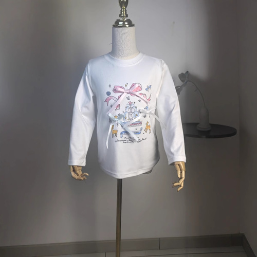 2025 Girls' T-Shirt Base Shirt with Bow Sprinkler Fountain Print White Girls' T-Shirt Spring and Autumn Cartoon Top