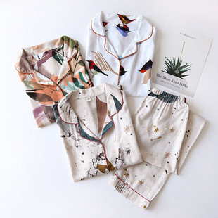 Cotton Silk Pajamas Women's Summer Two-piece Set Summer Thin Long-sleeved Artificial Cotton Pajamas Summer Cotton Silk Suit
