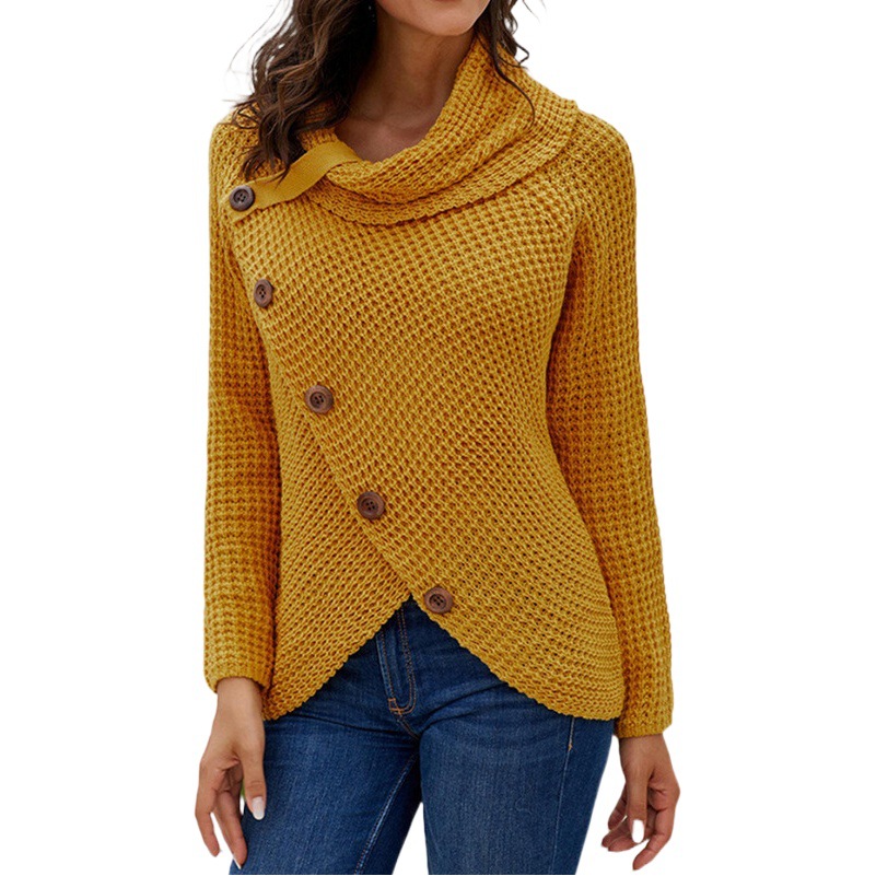 Suéter Amarillo Nuevo de Otoño 2023, Estilo Transfronterizo, con Botones, Cuello Alto, Color Sólido, de Manga Larga, Tejido, Informal y Versátil para Mujer