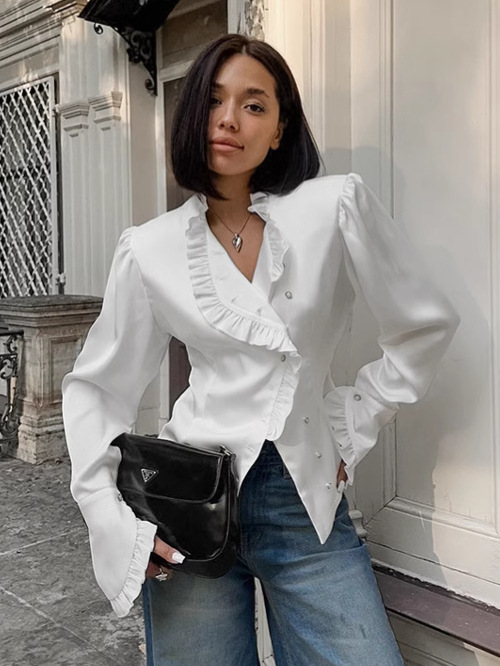 French court style fungus-edged satin shirt 2026 spring temperament…