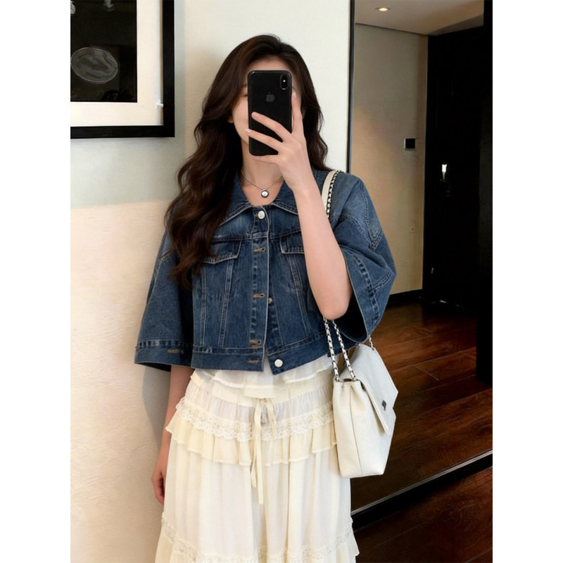 Summer New Korean-Style Fashionable Washed-Out Distressed Short Denim Jacket Slim Fit Single-Breasted Coat for Petite Figures Summer New Korean-Style Fashionable Washed-Out Distressed Short Denim Jacket Slim Fit Single-Breasted Coat for Petite Figures