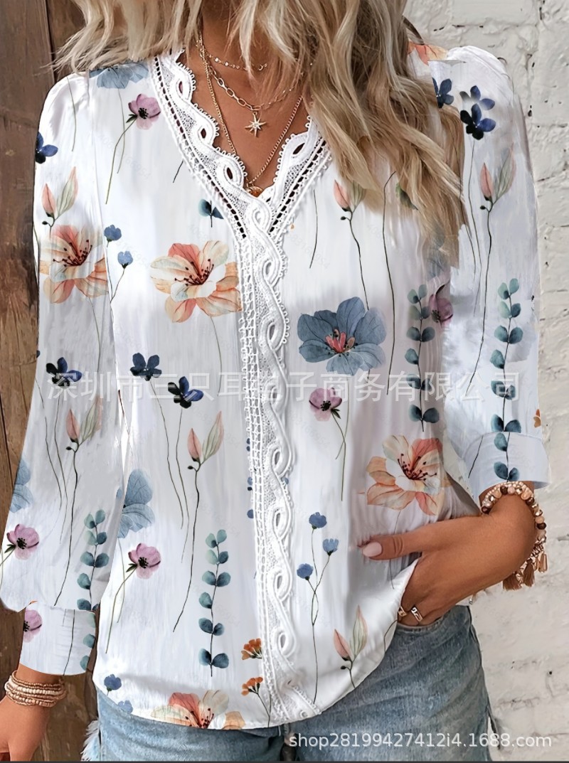2023 estación independiente deseo Amazon popular otoño nueva manga larga cuello en V encaje costura camisa para las mujeres