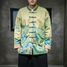 2023秋冬款中国风男装手工盘扣外套千里江山印花夹克中式唐装外套