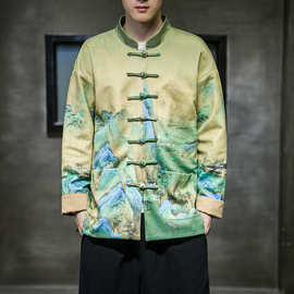 2023秋冬款中国风男装手工盘扣外套千里江山印花夹克中式唐装外套