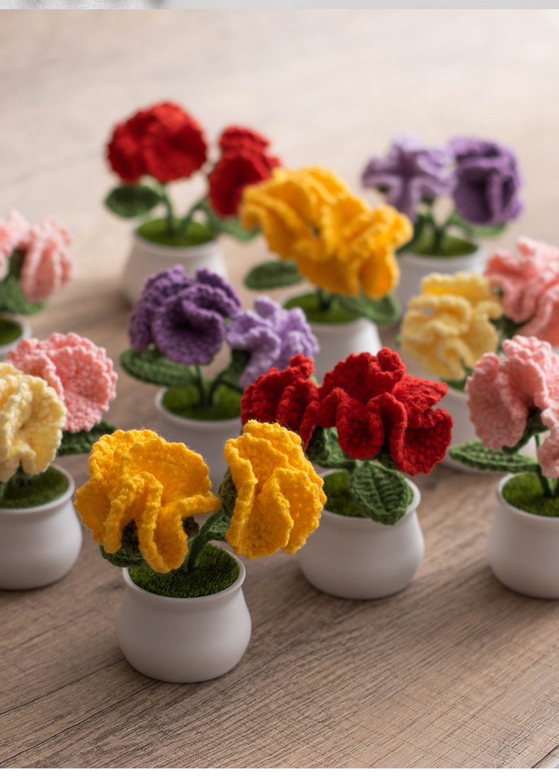 Hand-knitted double-headed carnation potted plants, finished woolen artificial flower ornaments, festival gifts, cross-border bestsellers at stalls pic 8