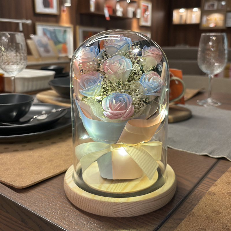 아이스 파우더 - 블루와 핑크 그라데이션 장미 7송이 - 선물가방 + 축하카드 + 배터리 [완제품 발송]