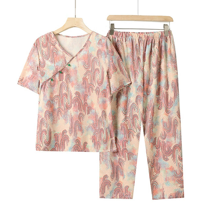 Мама летний набор 2024 новый топ с короткими рукавами брюки принт повседневная маленькая рубашка застежка