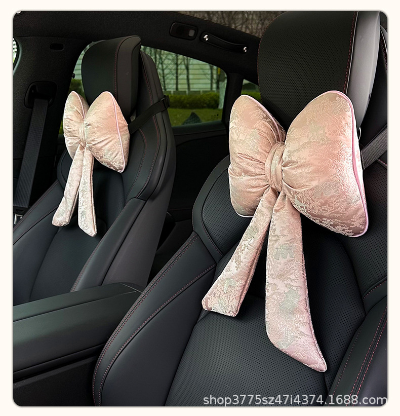 2026 New Chinese Style Sakura Pink Satin Bow Car Neck Pillow with Ribbon for Girls Car Lumbar Support Pillow