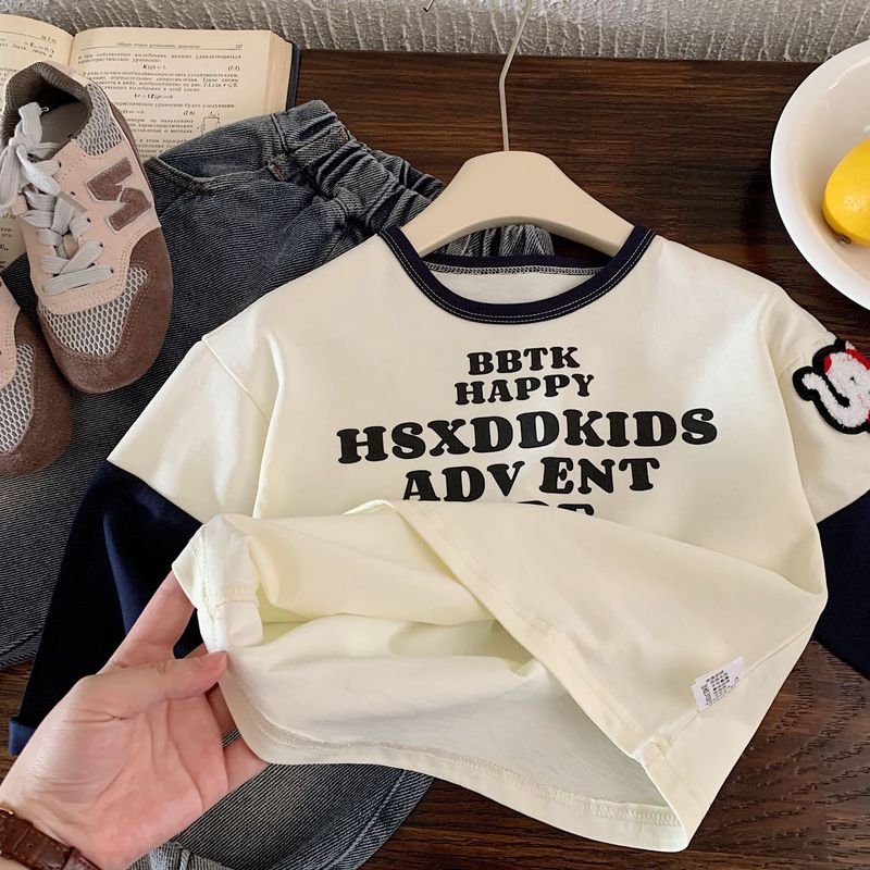 邦誠子供用長袖Tシャツ2025春秋新作韓国風男の子レターデザインフェイクツーピースプルオーバーH0331|undefined