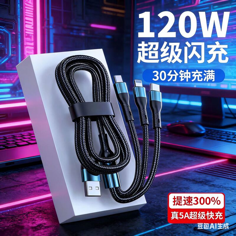 Super fast charging line three-in-one charging line for car apple type-c mobile phone one-to-three braided data line