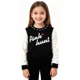 Sweatshirt 现货欧美女童毛绒拼接卫衣珍珠领爱心字母儿童套头衫