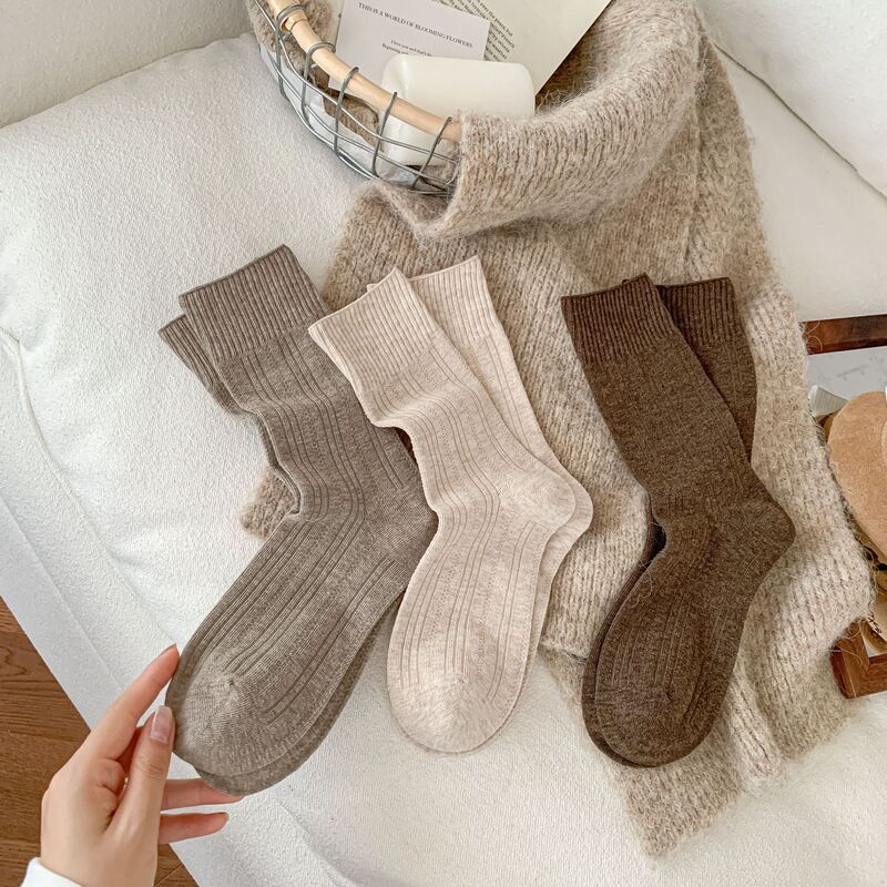 Coffee-Colored Striped High-End Solid Color Vertical Striped Socks for Women, Spring and Summer Mid-Calf Socks, Miu-Style Versatile Spring and Autumn Slouch Socks