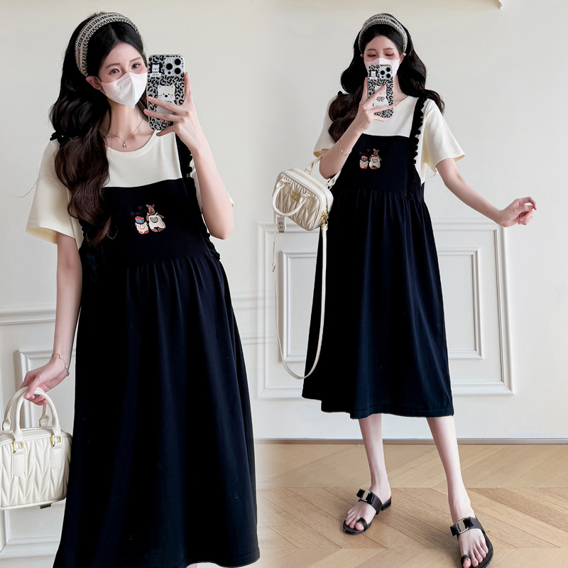 in stock maternity dress 2025 summer Korean fashion sweet age-reducing fake two-piece dress
