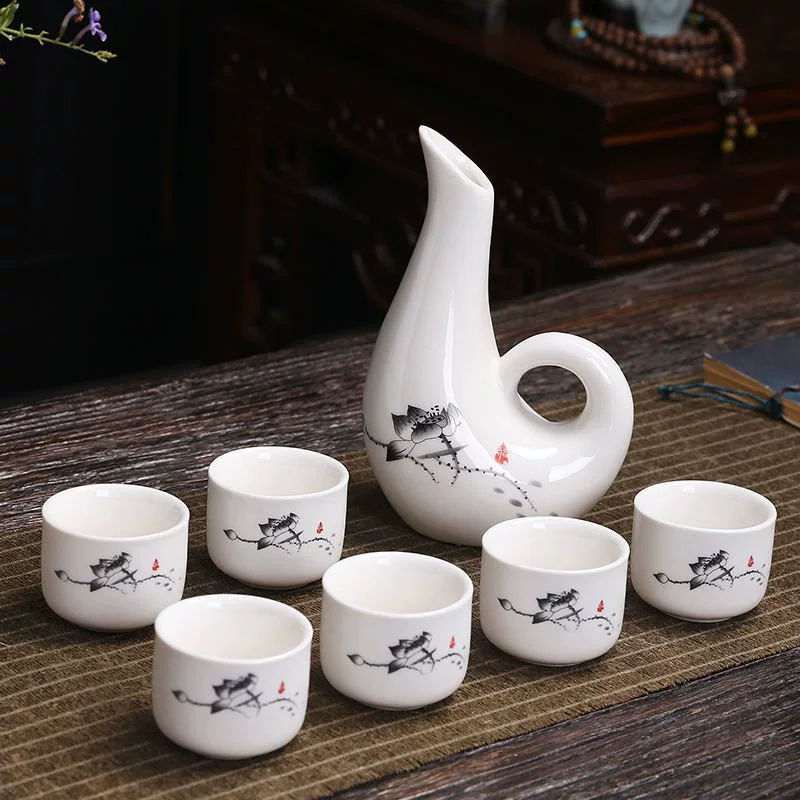 Ceramic wine set, wine decanter, shot glass, wineglass, pocket flask, 9 pieces