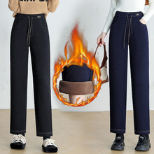 弹力加绒针织牛仔裤2025冬季新款休闲长裤宽松加厚保暖裤女裤