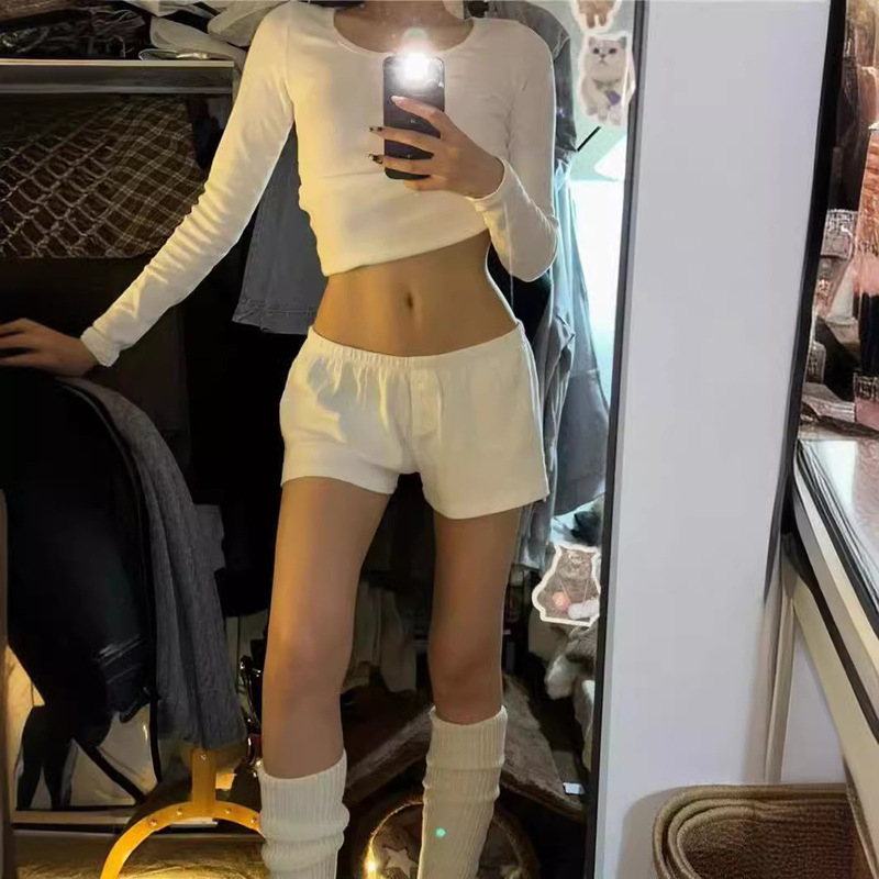 Women's Solid Color Pure Cotton Three-Button Button Women's Elastic Tight High-Waist Hot Pants Boxer Briefs Are Energetic and Comfortable