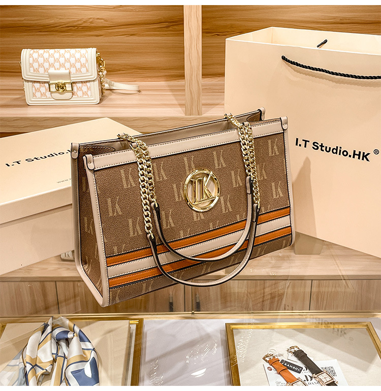 Túi tote da thật dây xích nữ sức chứa lớn đeo vai chéo — Màu nâu nhạt chi tiết 6