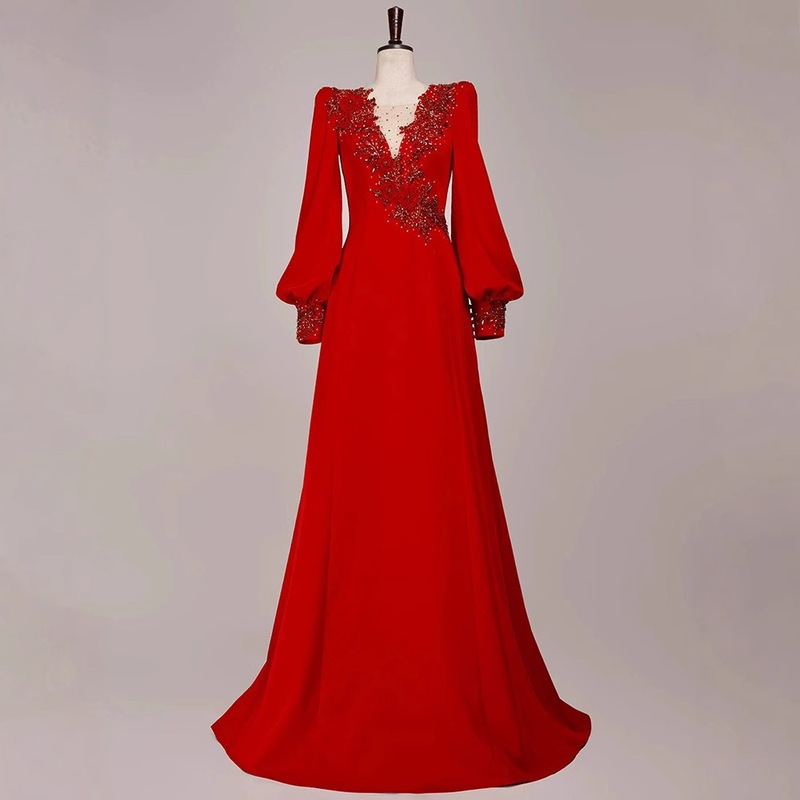 Red Host Dress 2026 New Style Dignified and Elegant Cctv Evening Performance Dress Annual Meeting Dress Long-Sleeved Summer
