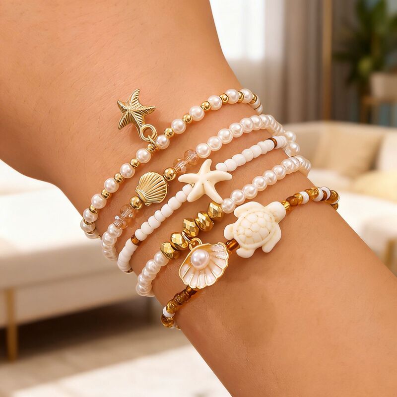 Gentle White Gold Shell and Starfish Stacked Bracelets, Ocean-Themed Rice Beads Five-Piece Set, White Gold Shell for Women