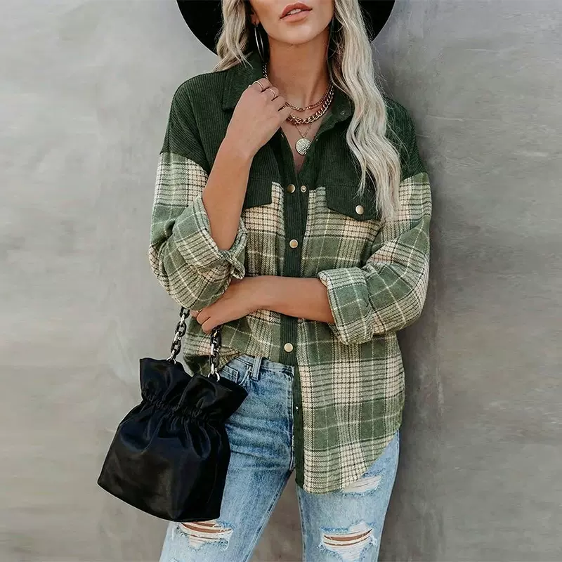 wish跨境亚马逊外贸欧美格纹撞色灯芯绒外套2025秋冬款长袖上衣女