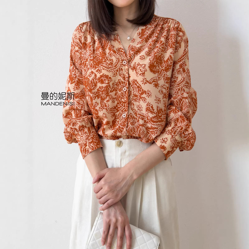 "Zhuyu Sunflower" Skin-Friendly and Cool Silk Crepe De Chine Shirt, Women's V-Neck Silk Shirt for Single Wear