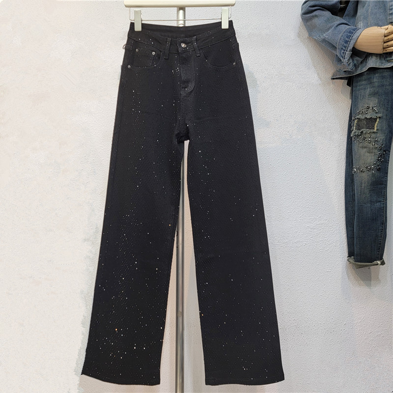 Heavy Industry Flash Diamond Black Denim Women's 2024 Autumn New Slim Straight-Leg Pants Casual Jeans Heavy Industry Flash Diamond Black Denim Women's 2024 Autumn New Slim Straight-Leg Pants Casual Jeans