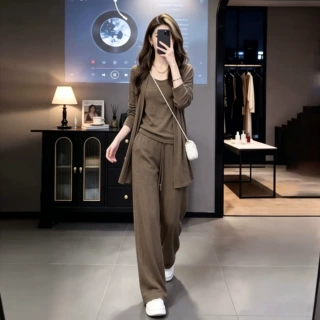 轻熟高知时尚套装女秋韩版气质洋气外搭开衫内搭背心阔腿裤三件套
