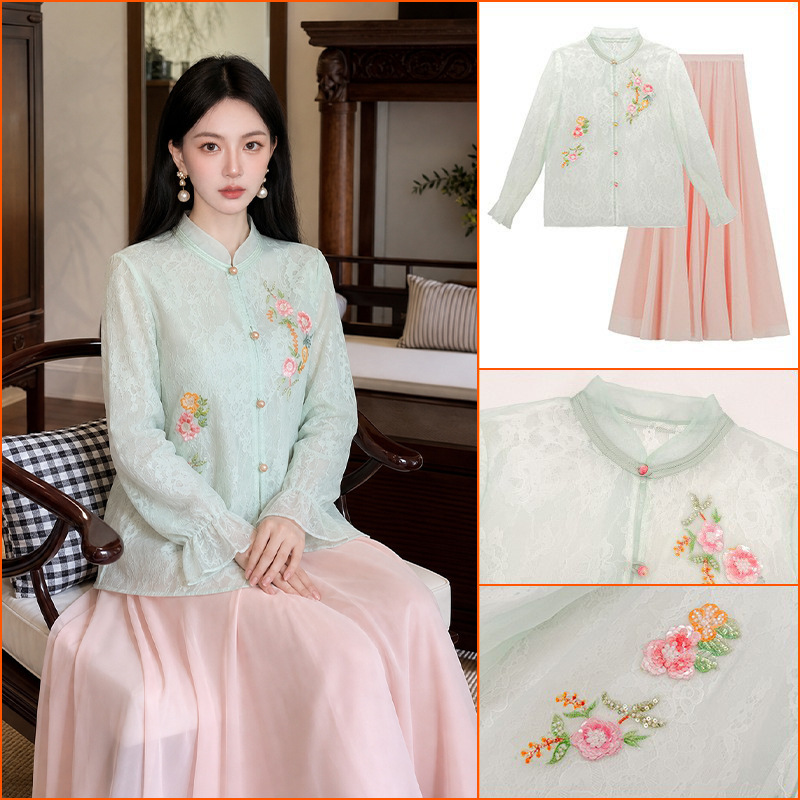 New Chinese-Style Fashion Top, New Chinese-Style Embroidered Light Luxury Silk Jacket + Skirt Set Tj Model P0302