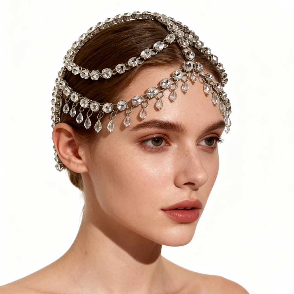 New cross-border waterdrop hair chain for women, with an exaggerated heavy-duty design, multi-layered tassels and rhinestones, suitable for stage and party accessories