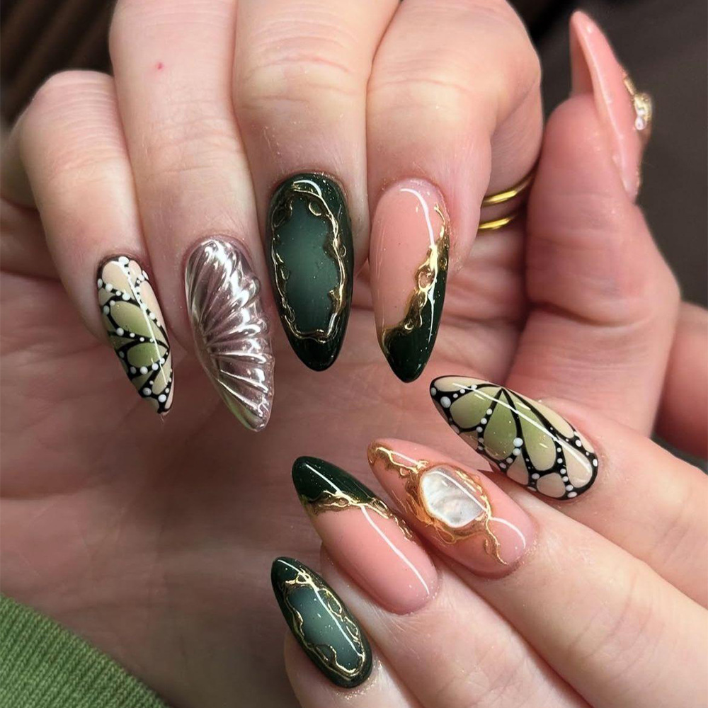 Transfronterizos estereoscopicos LIP dorado para usar uñas de almendras retrógradas sensación artística de belleza de uñas 24 piezas de parche de uñas falsas