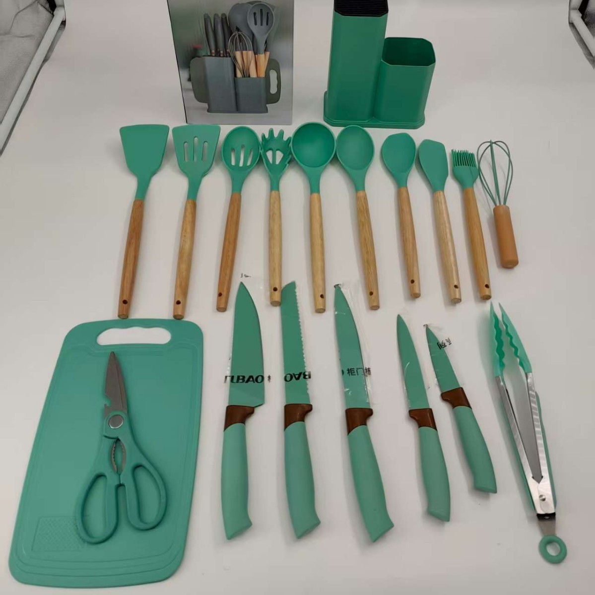 Utensilios de cocina de silicona transfronterizos, juego de 19 piezas, cubo de almacenamiento de herramientas de cocina, juego de cuchillos de cocina