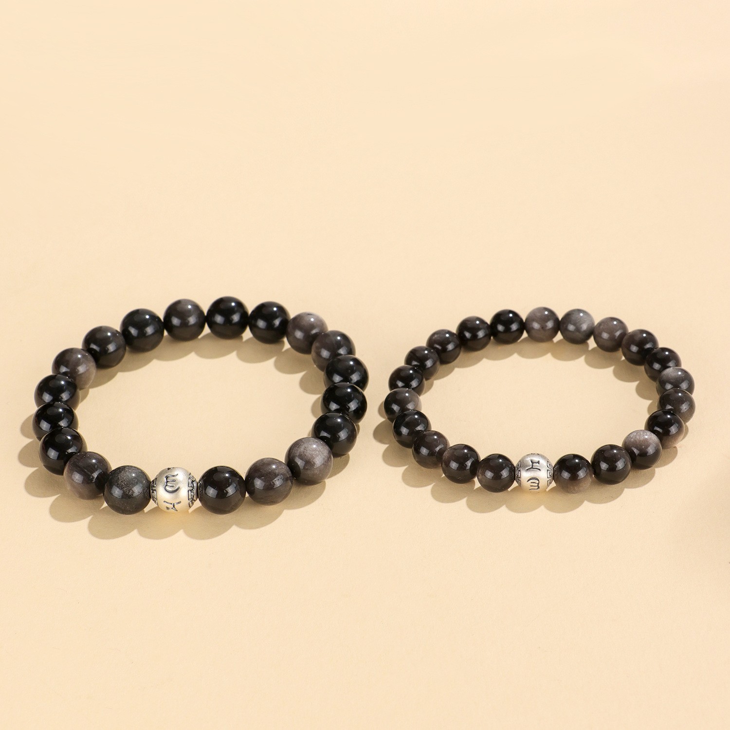 Obsidian Bracelet for Women, Crystal Silver Obsidian Six-Word Mantra Good Luck Bead Bracelet for Men, Buddhist Beads, Hot Sale on Taobao