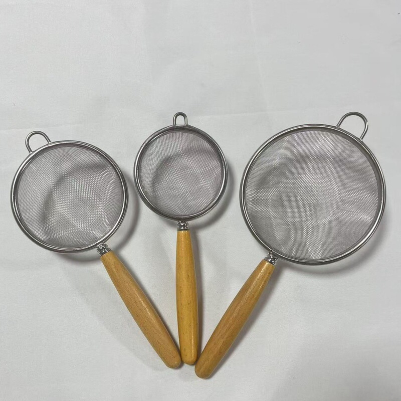 304 ステンレス鋼食品グレードザルフィルターストレーナー短いハンドルブナ無垢材ジュースベーキング小麦粉ふるい|undefined