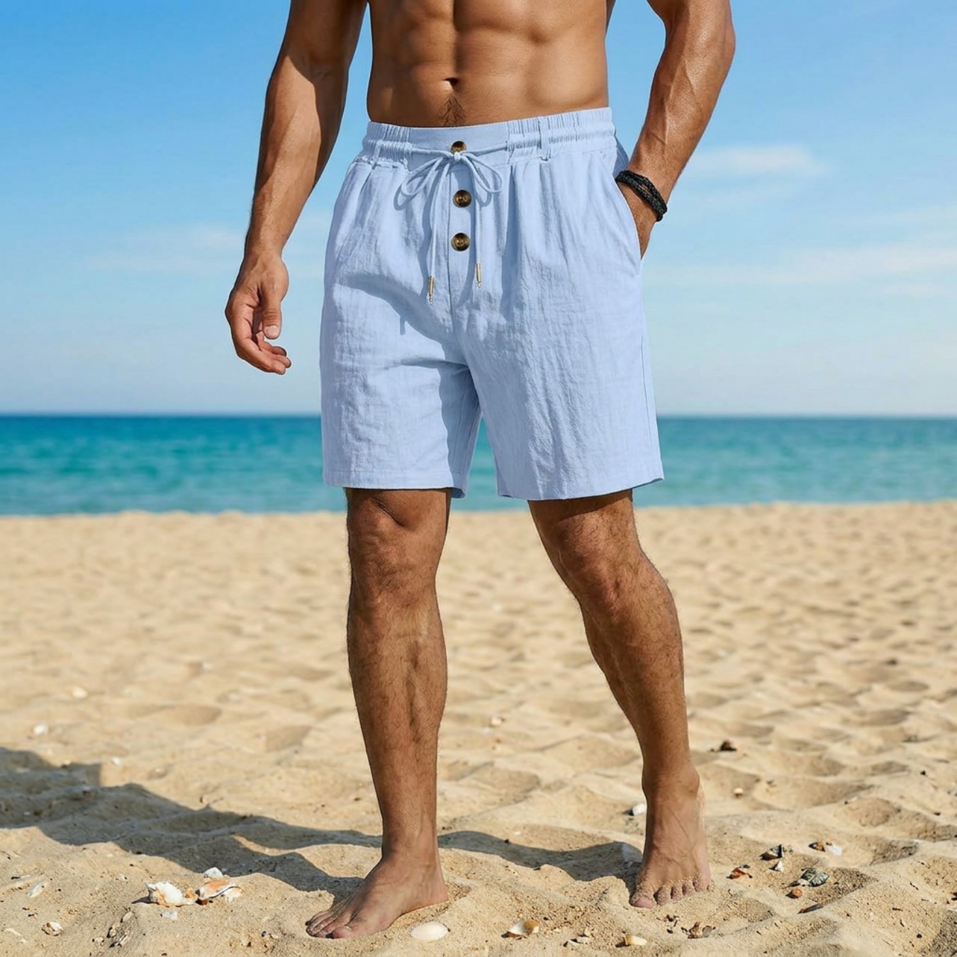 Men's Loose Fit American Linen Beach Casual Washed Button Five Point Sports Shorts mid Waist Summer Polyester Shorts_viptrois.com