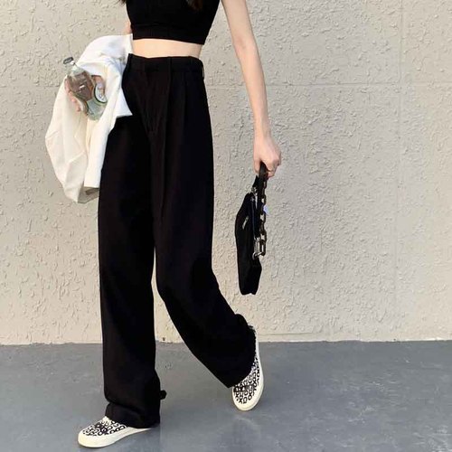 Women's 2025 High-Waisted Grey Suit Pants with Droopy Floor-Length Wide Leg Straight Loose Trousers