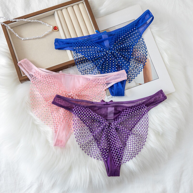 European and American Style Shiny Rhinestone Mesh Panties for Women, Sexy Bowknot Breathable Seamless Young Girl Thong, Transparent