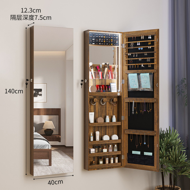 Espejo de piso con lámpara para almacenar espejo de vestir, espejo de cuerpo entero colgado en la pared, joyería doméstica multifuncional para almacenar detrás de la puerta del gabinete de espejo del dormitorio
