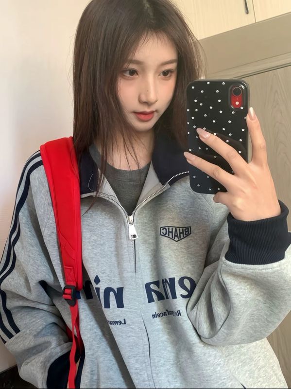 国潮牌灰色三条杠翻领无帽卫衣女春秋薄款宽松高级感开衫拉链外套|undefined