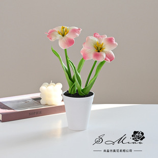 Artificial Flower Two-Headed Pu Tulip Bonsai Creative Ornaments Decoration Manufacturer Direct Supply Artificial Green Plants Fake Artificial Potted Plants