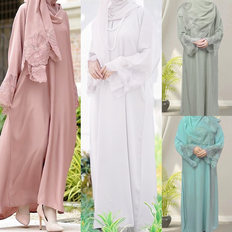 M189 # 4 Colors in Stock Cross-Border Women's Clothing Rhinestone Lace Sleeve Long Dress Southeast Asia Malay Dress with Headscarf