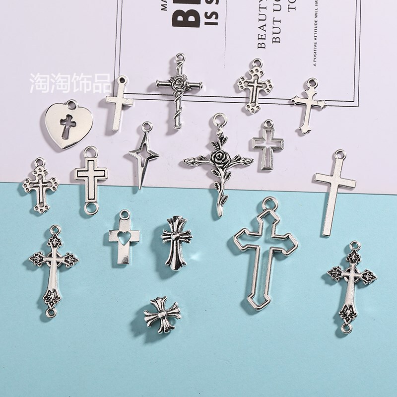 DIY Ancient Silver Alloy Cross Jewelry Accessories Y2K Cross Pendant Necklace Earrings Bracelet Pendant Beaded