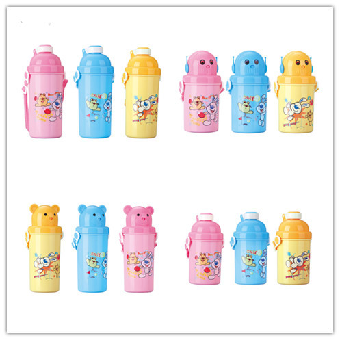 Food Grade PP Children's Straw Strap Kettle Cartoon Robot Bounce Cover Water Cup Outdoor Kettle 450/600ml
