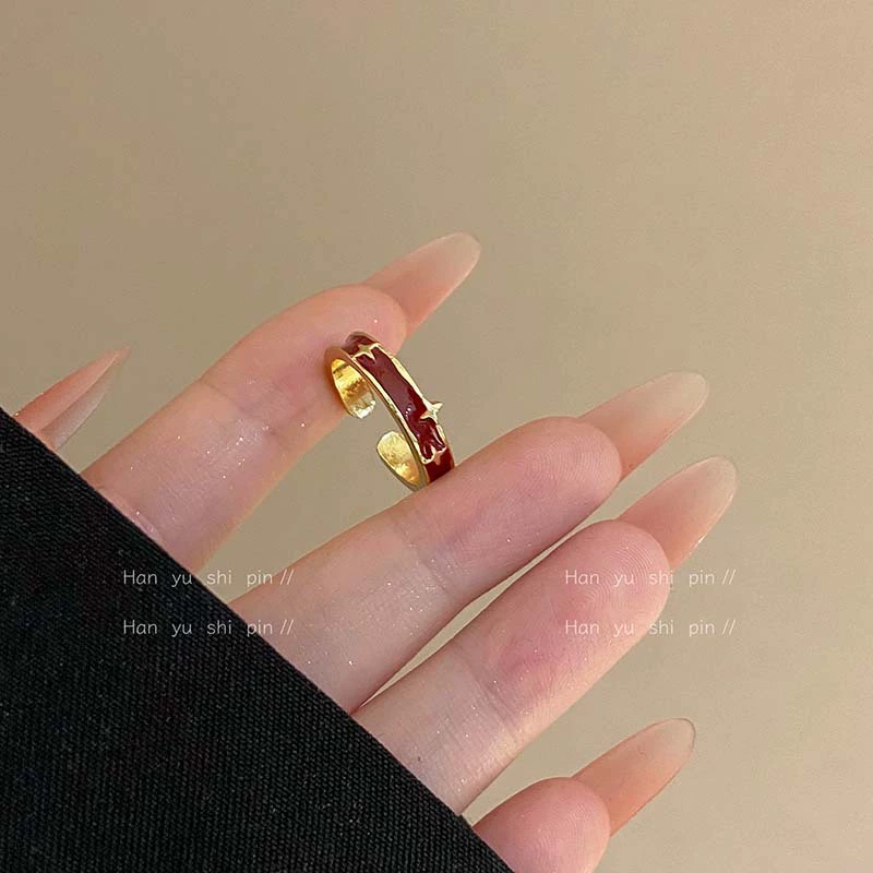 Adjustable Red Ring, Small Fresh Style, Index Finger, Star & Diamond Accent